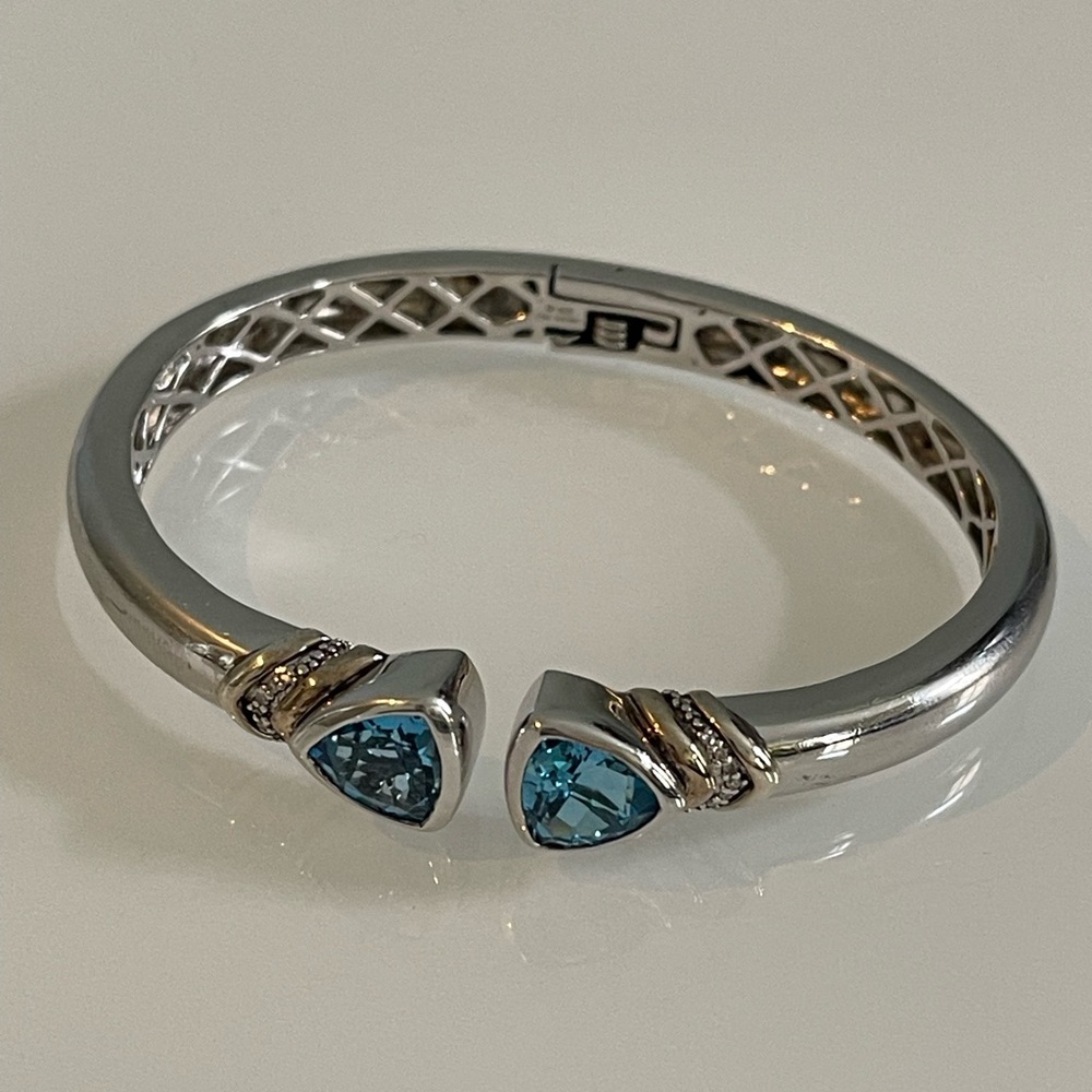 Sterling silver and 14 k gold 2 tone bracelet with blue Topaz cuff bracelet